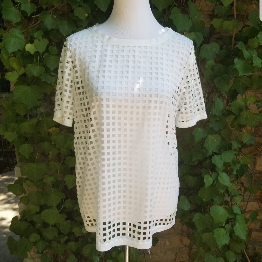 Euc! Rare white windowpane square cutout blouse